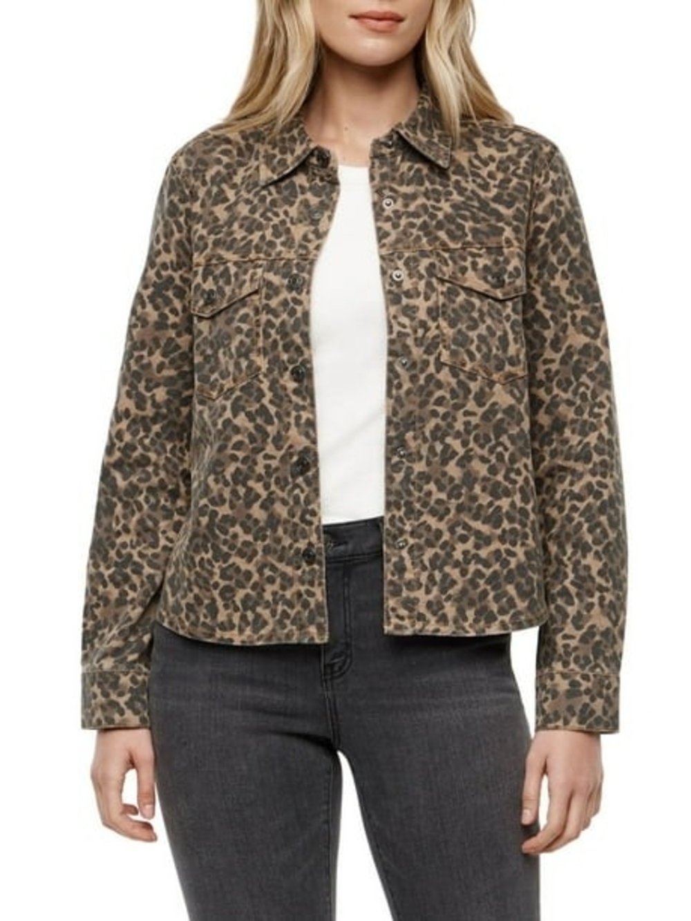 Express Leopard Print Denim Jacket Button Up Size S Small Animal Print Tan Gray*